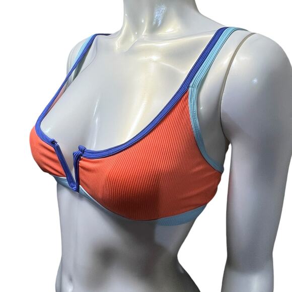 Color Block Bikini Top Orange Blue Retro V-Cut Athletic Swim Medium Ribbed - Picture 14 of 16